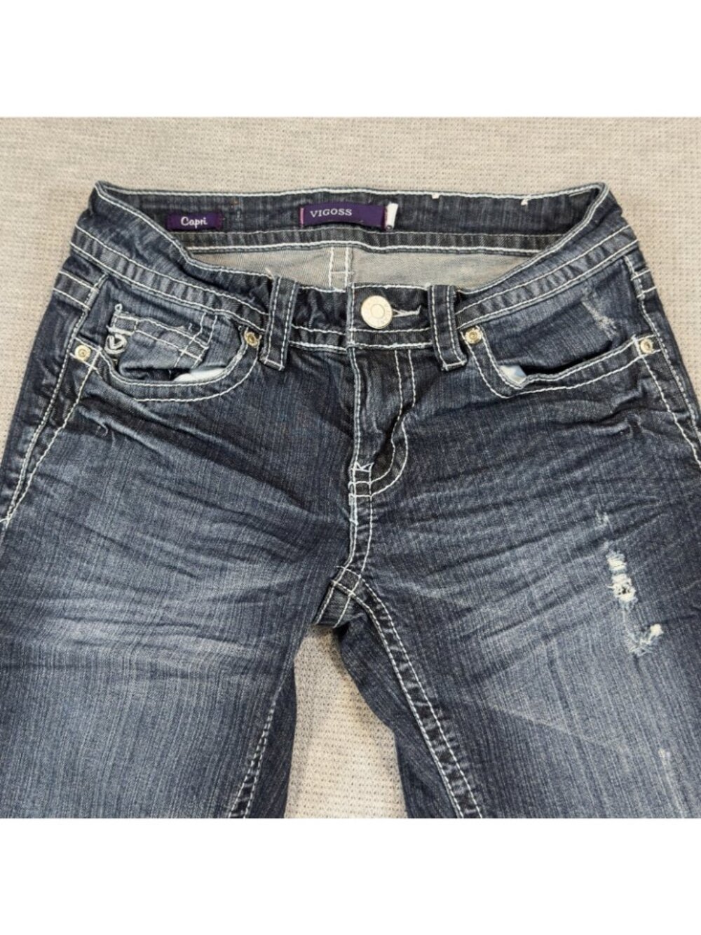 Vigoss Capri Jeans Womens Size 0 Rolled Cuff Distressed Stretch Blue Denim - Picture 3 of 16